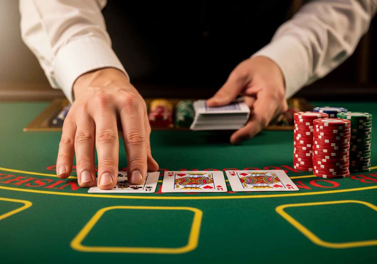 Dealer hands dealing cards on green felt with casino chips